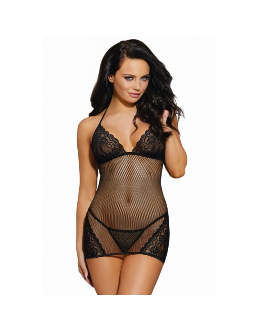 Nuisette noire résille et dentelle avec string - DG11208BLK Nuisette noire résille et dentelle avec string - DG11208BLK