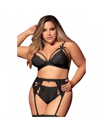 Ensemble 3 pièces noir grande taille  soutien-gorge string porte-jarretelles - MAL8221XBLK