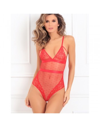 Body rouge maille à pois avec dentelle et laçage sur les fesses - REN502169-RED