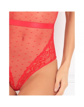 Body rouge maille à pois avec dentelle et laçage sur les fesses - REN502169-RED