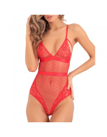 Body rouge maille à pois avec dentelle et laçage sur les fesses - REN502169-RED