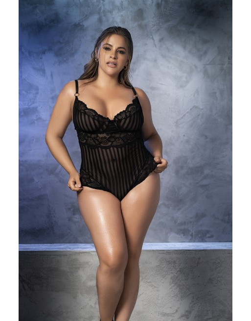 Body dentelle noire,  rayé en dentelle et fine résille - MAL8631XBLK