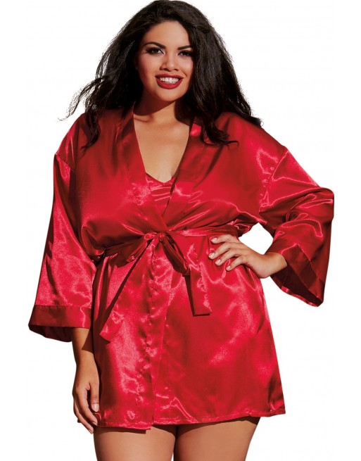 Nuisette grande taille rouge avec peignoir satinés - DG3717XRED