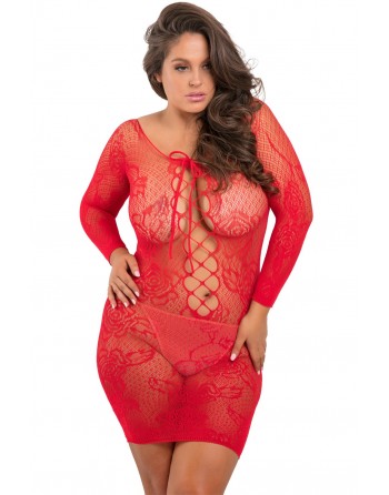 Nuisette grande taille rouge fine résille manches longues - REN7067X-RED