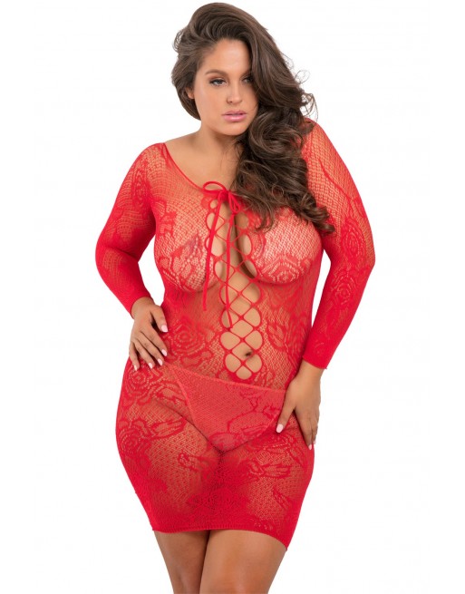 Nuisette grande taille rouge fine résille manches longues - REN7067X-RED Nuisette grande taille rouge fine résille manches longues - REN7067X-RED
