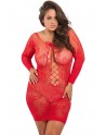 Nuisette grande taille rouge fine résille manches longues - REN7067X-RED