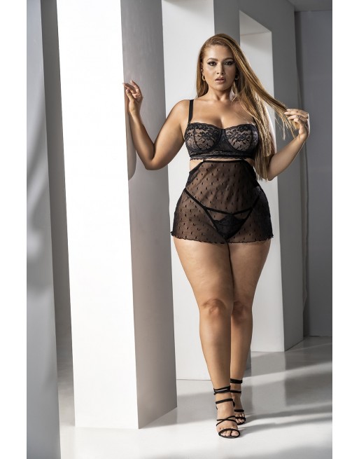 Ensemble lingerie résille, grande taille, noir 2 en 1 - MAL7492XBLK