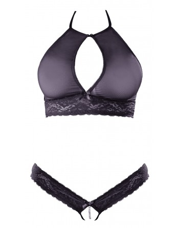 Soutien-gorge bandeau, en dentelle et résille noire et string ouvert - R2213648