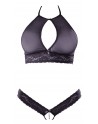 Soutien-gorge bandeau, en dentelle et résille noire et string ouvert - R2213648