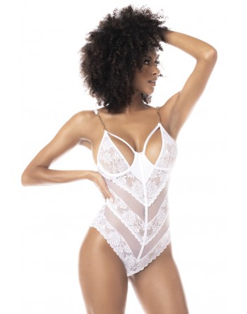 Body blanc sexy en dentelle et fine résille - MAL8741WHT