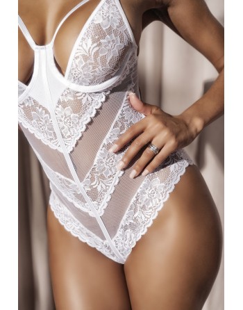 Body blanc sexy en dentelle et fine résille - MAL8741WHT