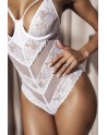 Body blanc sexy en dentelle et fine résille - MAL8741WHT