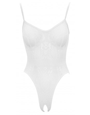 Body string en résille transparente et dentelle blanche, ouvert à l'entrejambe - R26426382101