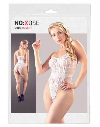 Body string en résille transparente et dentelle blanche, ouvert à l'entrejambe - R26426382101