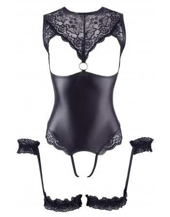 Body en dentelle et simili cuir ouvert avec menottes -  OR2642239BLK