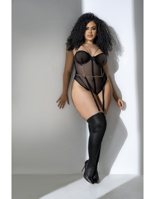 Body, grande taille, en résille transparente noire et jarretelles - MAL2727XBLK Body, grande taille, en résille transparente noire et jarretelles - MAL2727XBLK