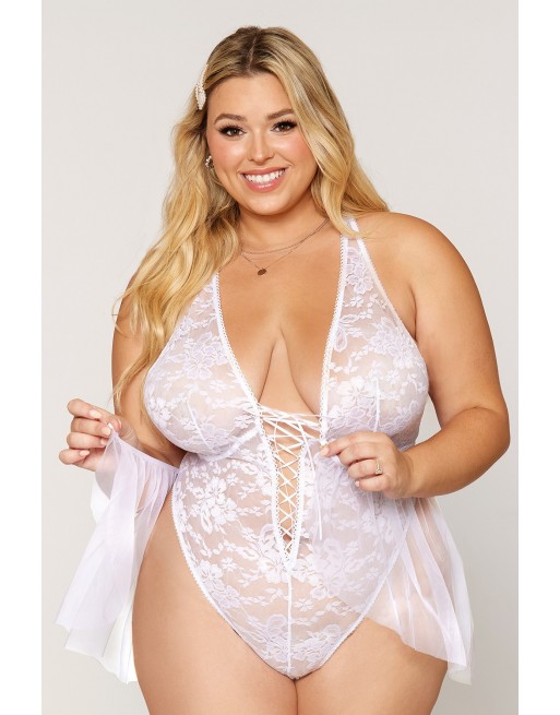 Body grande taille dentelle blanc avec tulle amovible - DG12918XWHT Body grande taille dentelle blanc avec tulle amovible - DG12918XWHT