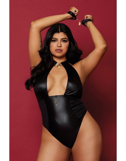 Body wetlook noir grande taille avec menottes, cadenas bijoux et clé bijou inclus - DG12814XBLK Body wetlook noir grande taille avec menottes, cadenas bijoux et clé bijou inclus - DG12814XBLK