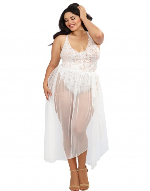 Body string grande taille blanc échancré dentelle avec jupe de maille transparente amovible - DG10996XWHT Body string grande taille blanc échancré dentelle avec jupe de maille transparente amovible - DG10996XWHT