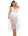 Body string grande taille blanc échancré dentelle avec jupe de maille transparente amovible - DG10996XWHT