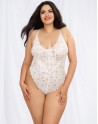 Body string grande taille blanc échancré dentelle avec jupe de maille transparente amovible - DG10996XWHT