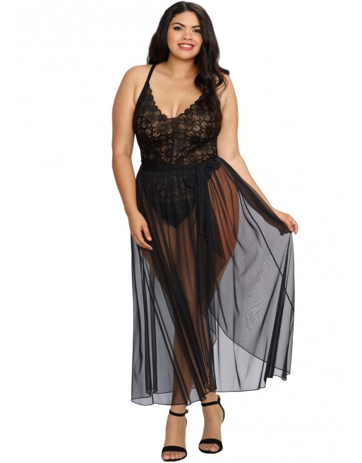 Body string noir grande taille échancré dentelle avec jupe de maille transparente amovible - DG10996XBLK Body string noir grande taille échancré dentelle avec jupe de maille transparente amovible - DG10996XBLK
