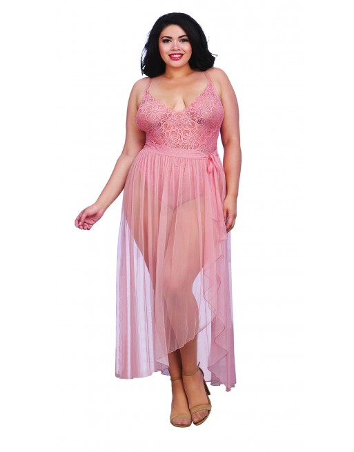 Body string rose vintage grande taille échancré dentelle avec jupe de maille transparente amovible - DG10996XVPK Body string rose vintage grande taille échancré dentelle avec jupe de maille transparente amovible - DG10996XVPK