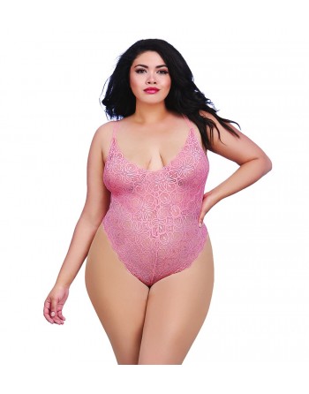 Body string rose vintage grande taille échancré dentelle avec jupe de maille transparente amovible - DG10996XVPK