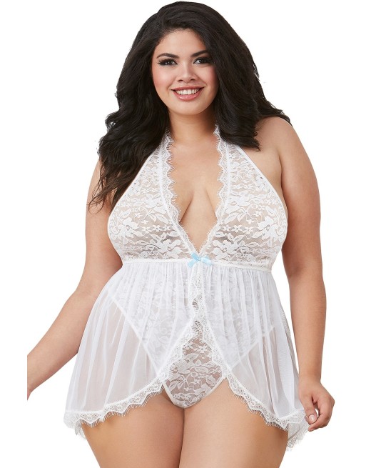 Body string blanc grande taille avec décolleté effet nuisette ouverte - DG11513XWHT Body string blanc grande taille avec décolleté effet nuisette ouverte - DG11513XWHT