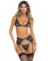 Ensemble 3 pièces bleu nuit comprenant Soutien gorge, porte jarretelles et string - REN53029-BLU