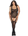 Bodystocking grande taille dentelle effet guêpières large décolleté et bas sexy - DG0144XBLK