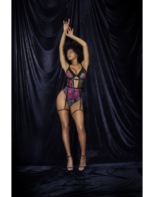 Body noir imprimé fleurs exotiques - MAL8774PRT Body noir imprimé fleurs exotiques - MAL8774PRT
