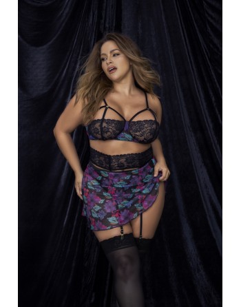 Deux-en-un, nuisette et ensemble trois pièces noir, grande taille, tissu fleur exotique - MAL7496XBLK