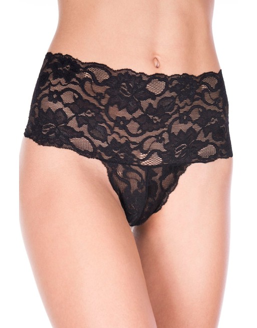 Tanga string noir grande taille large bande haute de dentelle florale - ML10021XBLK Tanga string noir grande taille large bande haute de dentelle florale - ML10021XBLK