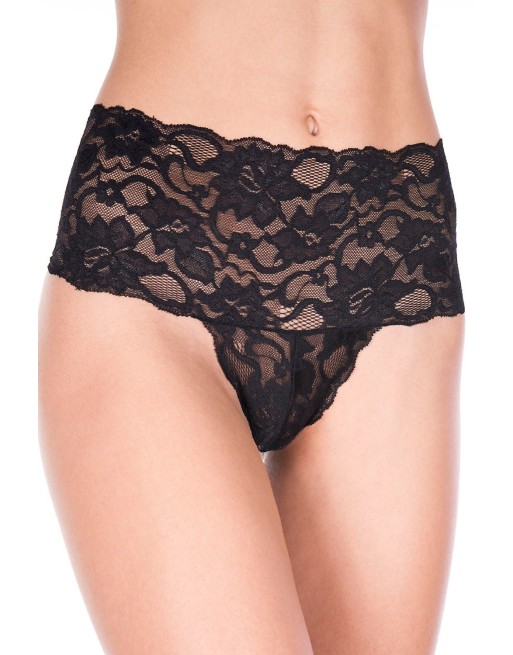 Tanga string noir grande taille large bande haute de dentelle florale - ML10021XBLK