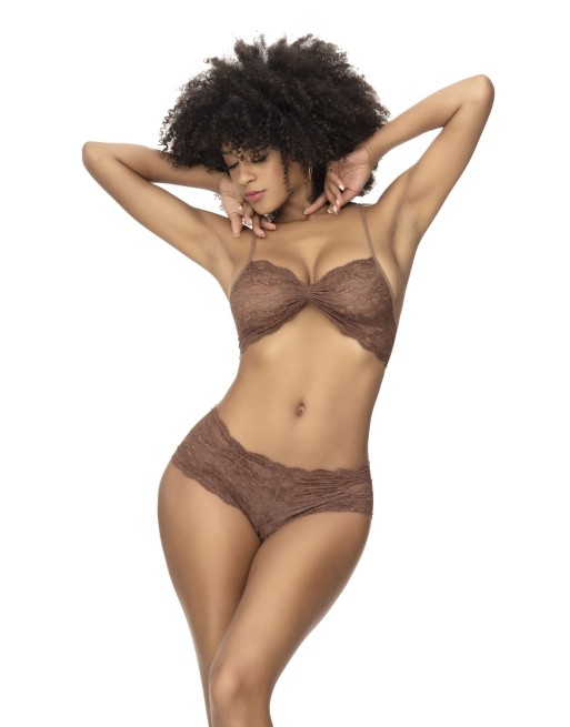 Ensemble 2 pièces, top et tanga en dentelle couleur cacao - MAL207COCO